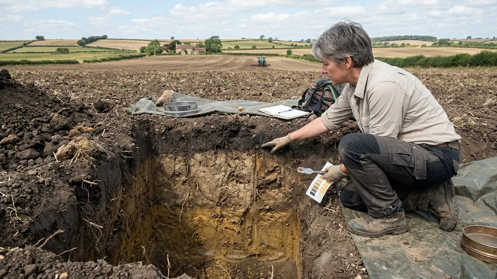 A soil scientist examining the exposed layers of a freshly dug soil pit in farmland, colour chart in hand.