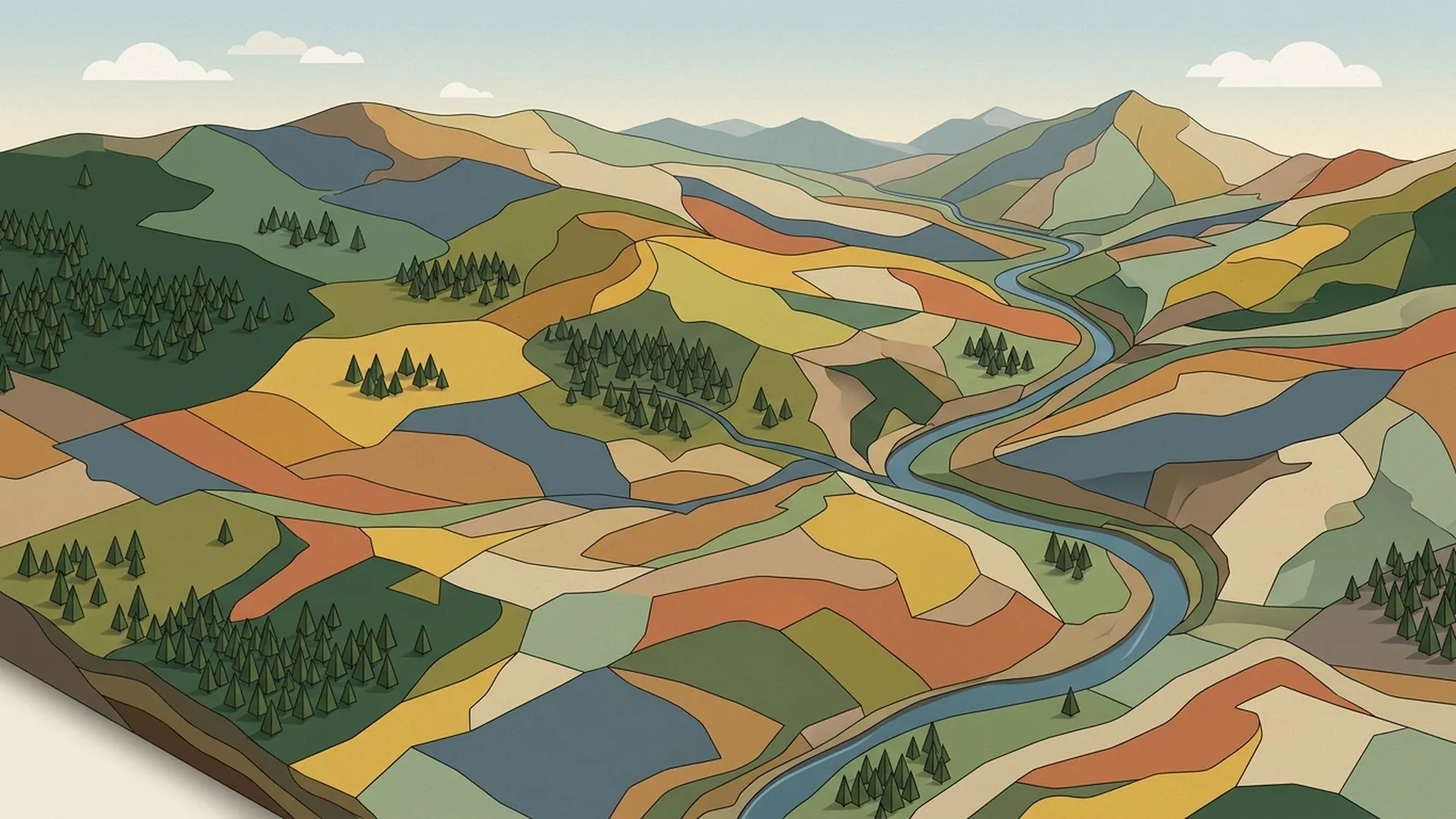 An illustrated bird's-eye view of a river catchment, its fields and forests rendered as a patchwork of earthy colours.