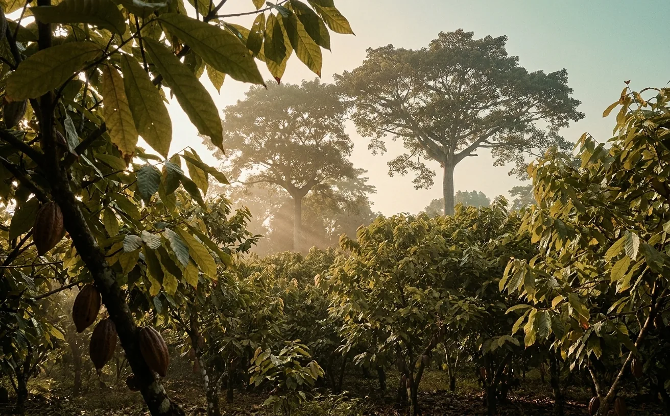 A cocoa agroforestry plot at sunrise, with cocoa pods on understory trees beneath taller shade trees.